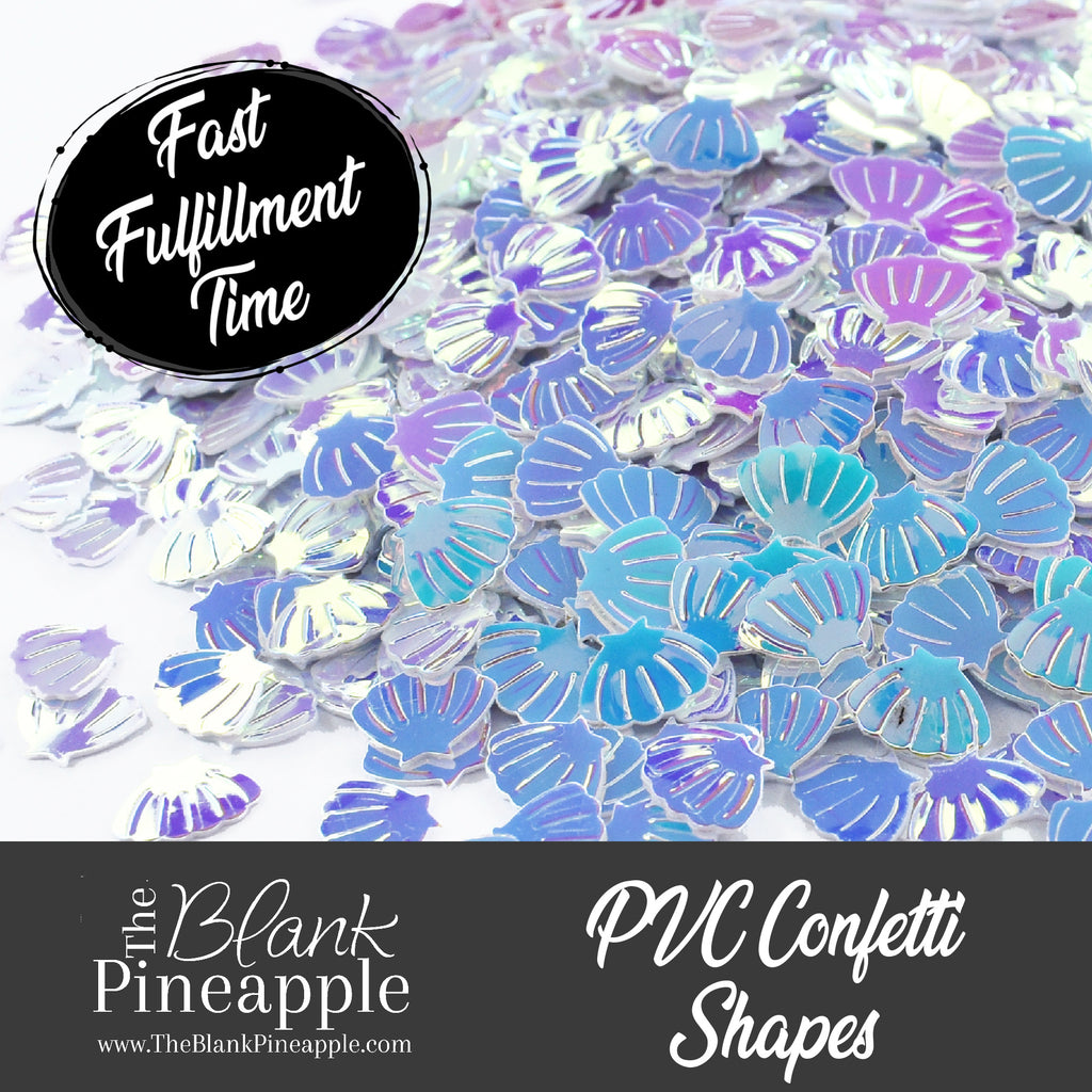 Iridescent PVC seashell-shaped confetti, 2oz bag (56g), perfect for crafts, decor, and parties with a shimmering ocean-inspired finish. - The Blank Pineapple