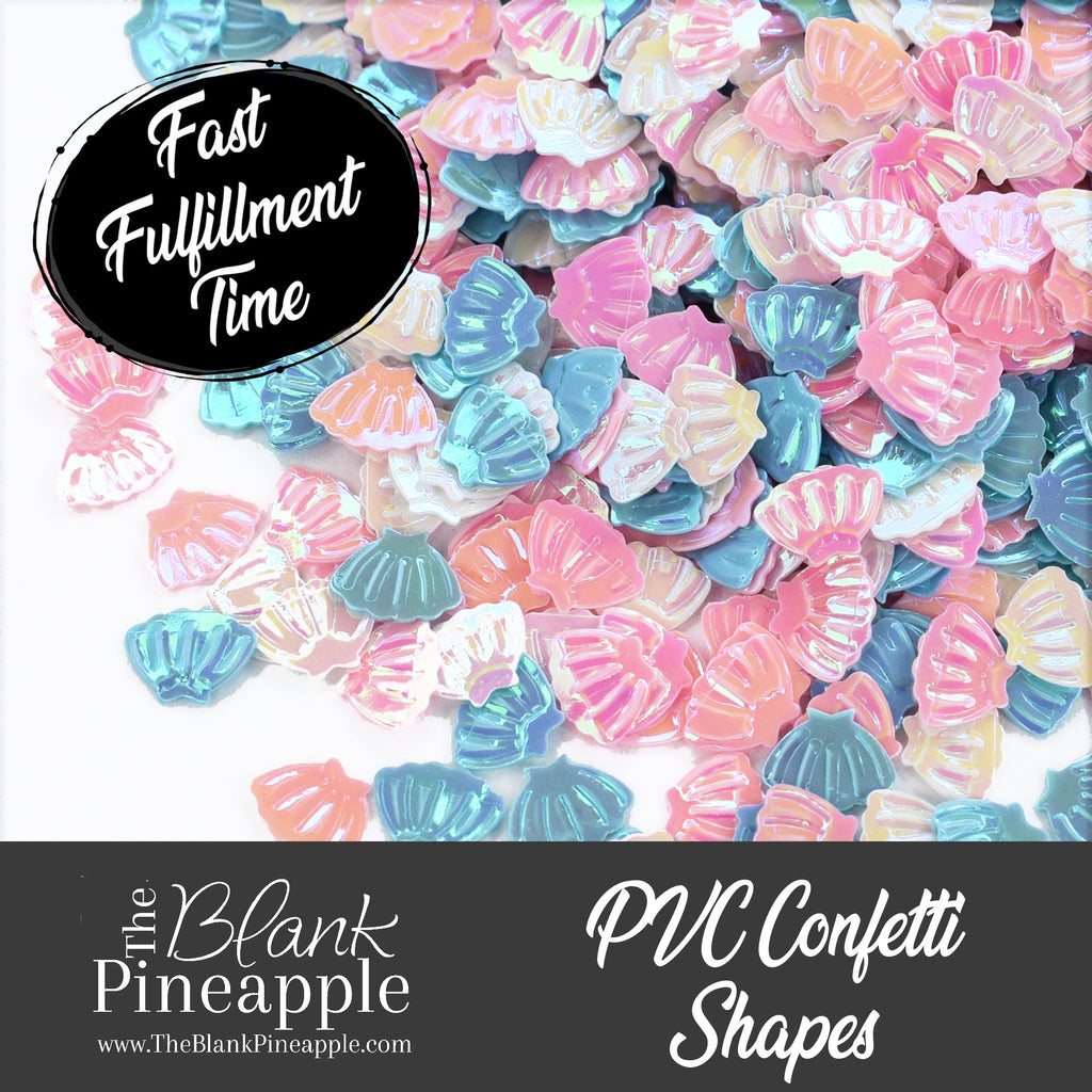 Iridescent PVC seashell-shaped confetti, 2oz bag (56g), perfect for crafts, decor, and parties with a shimmering ocean-inspired finish. - The Blank Pineapple