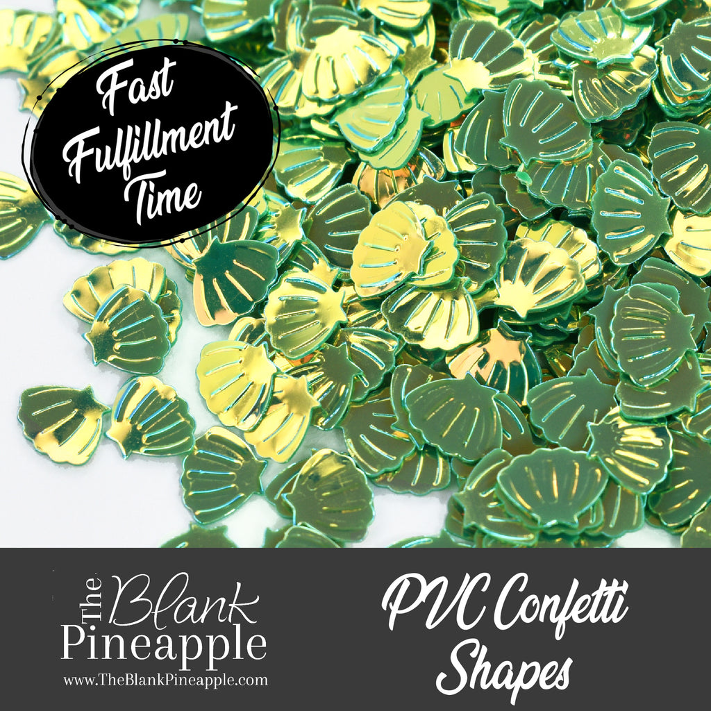 Iridescent PVC seashell-shaped confetti, 2oz bag (56g), perfect for crafts, decor, and parties with a shimmering ocean-inspired finish. - The Blank Pineapple