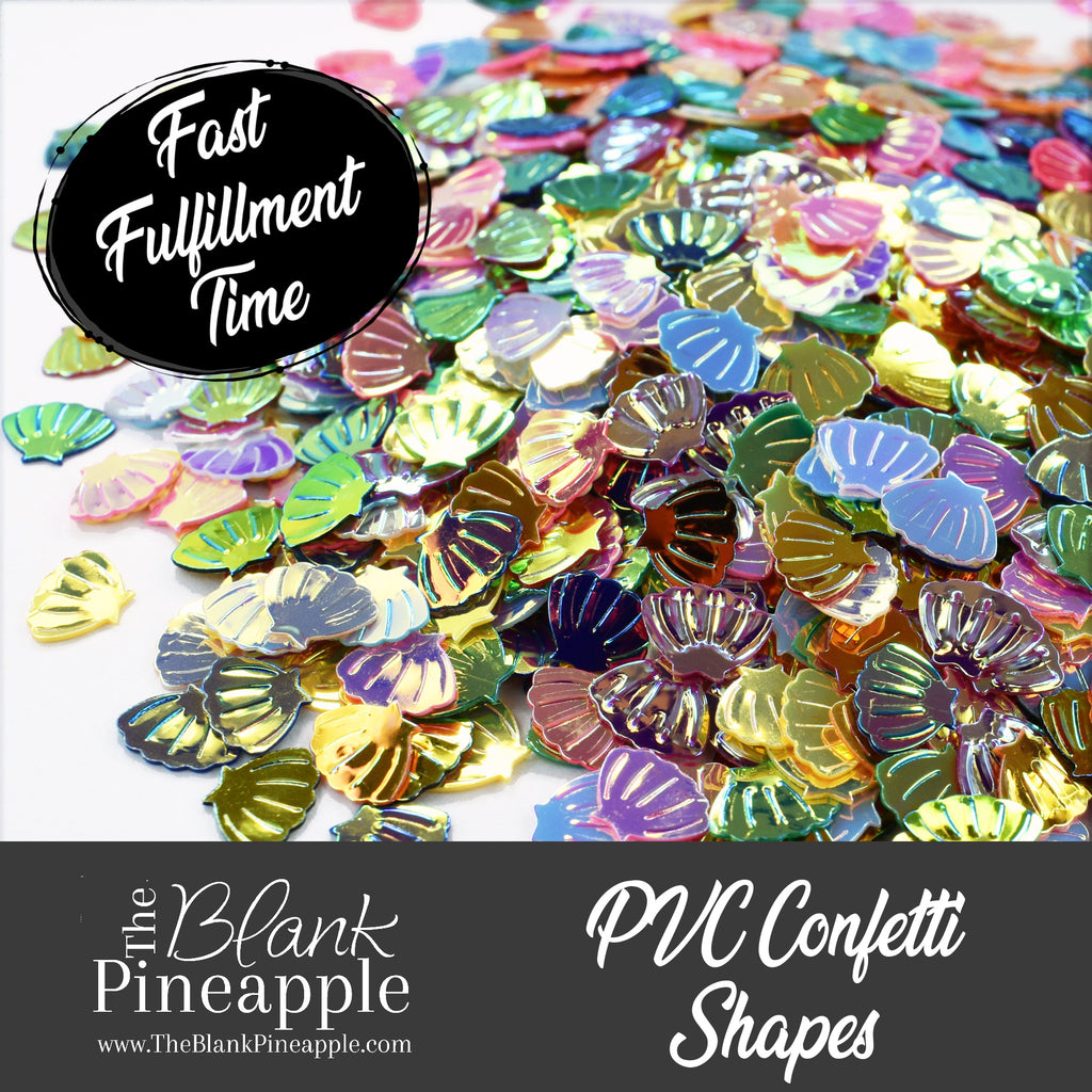 Iridescent PVC seashell-shaped confetti, 2oz bag (56g), perfect for crafts, decor, and parties with a shimmering ocean-inspired finish. - The Blank Pineapple