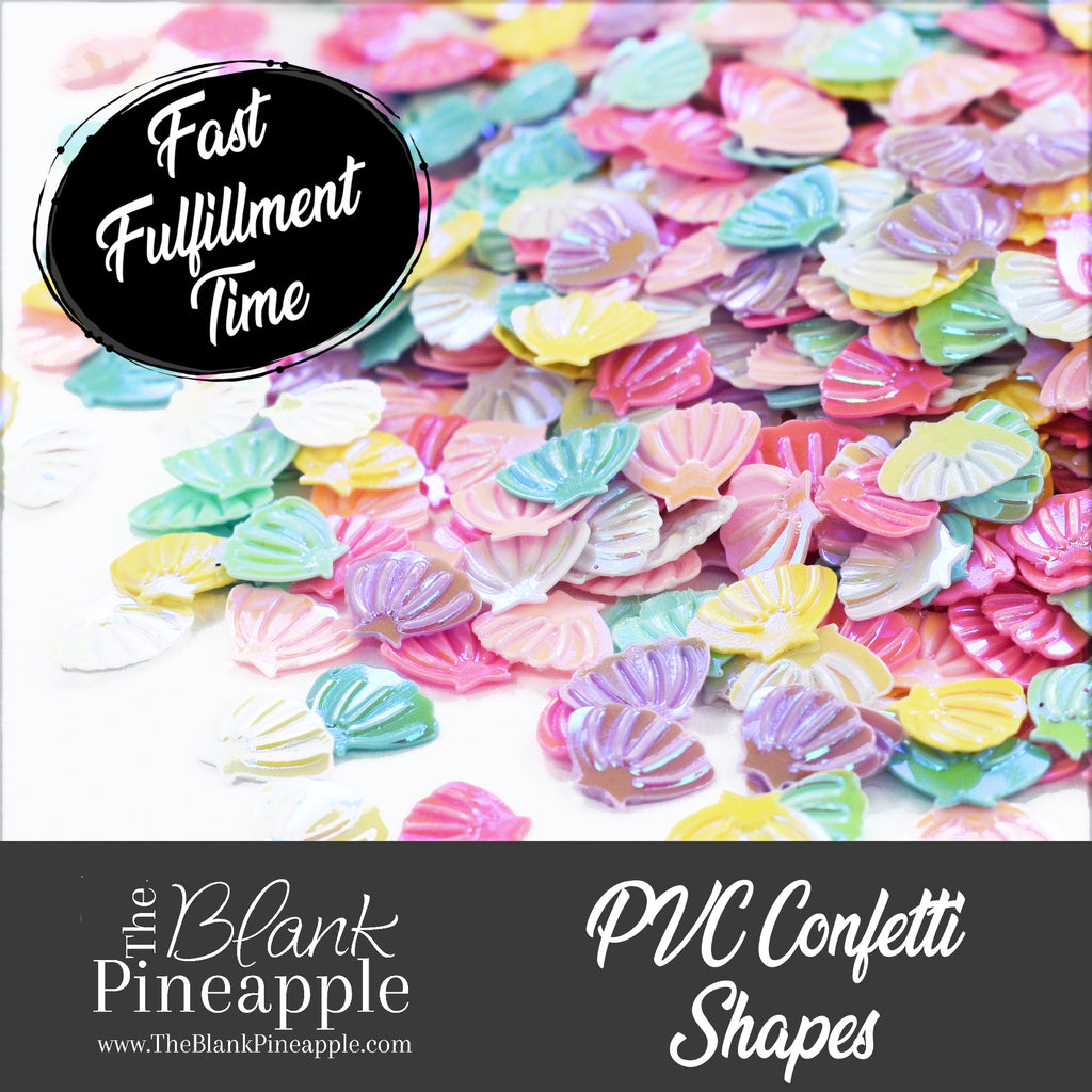 Iridescent PVC seashell-shaped confetti, 2oz bag (56g), perfect for crafts, decor, and parties with a shimmering ocean-inspired finish. - The Blank Pineapple