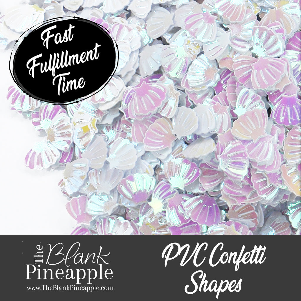 Iridescent PVC seashell-shaped confetti, 2oz bag (56g), perfect for crafts, decor, and parties with a shimmering ocean-inspired finish. - The Blank Pineapple