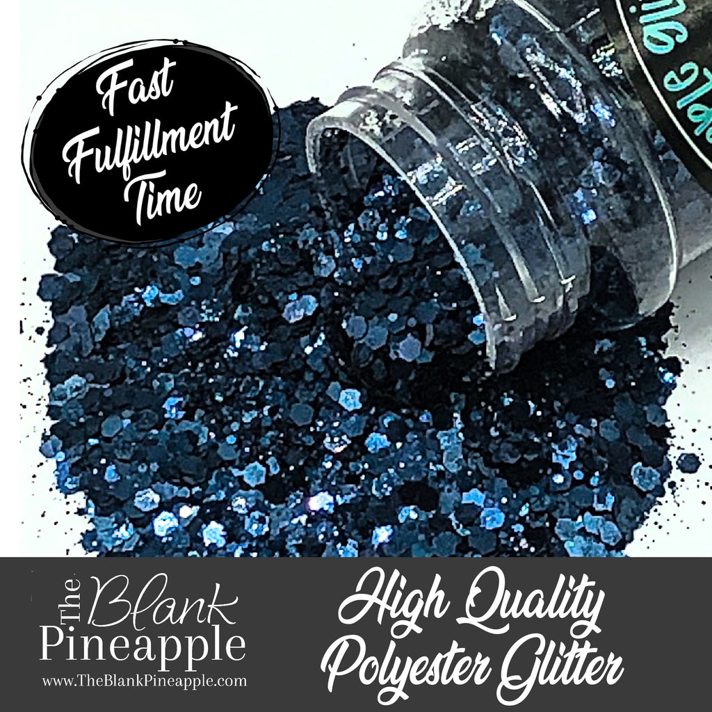 Midnight chunky mix metallic navy blue glitter, PET polyester, 2oz shaker bottle for resin projects, tumblers, and nail art. The Blank Pineapple