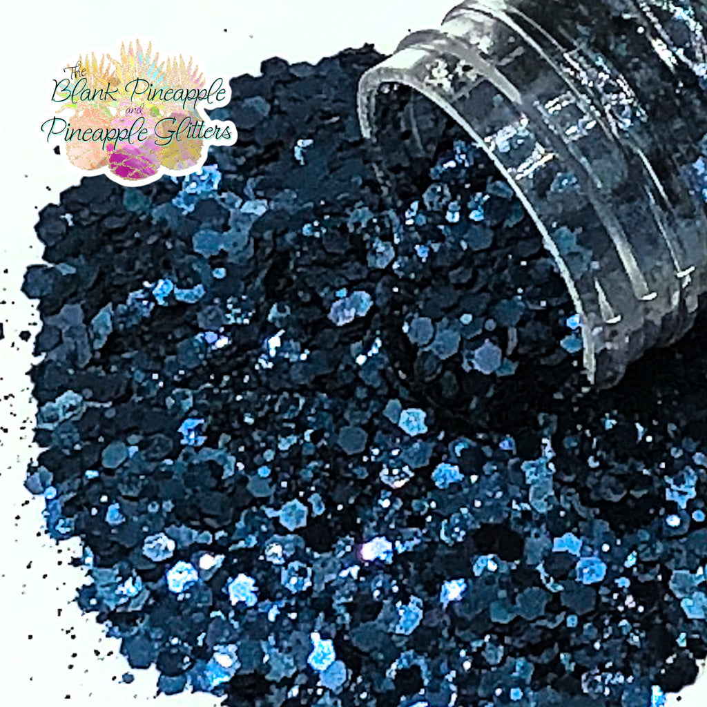 Midnight chunky mix metallic navy blue glitter, PET polyester, 2oz shaker bottle for resin projects, tumblers, and nail art. The Blank Pineapple