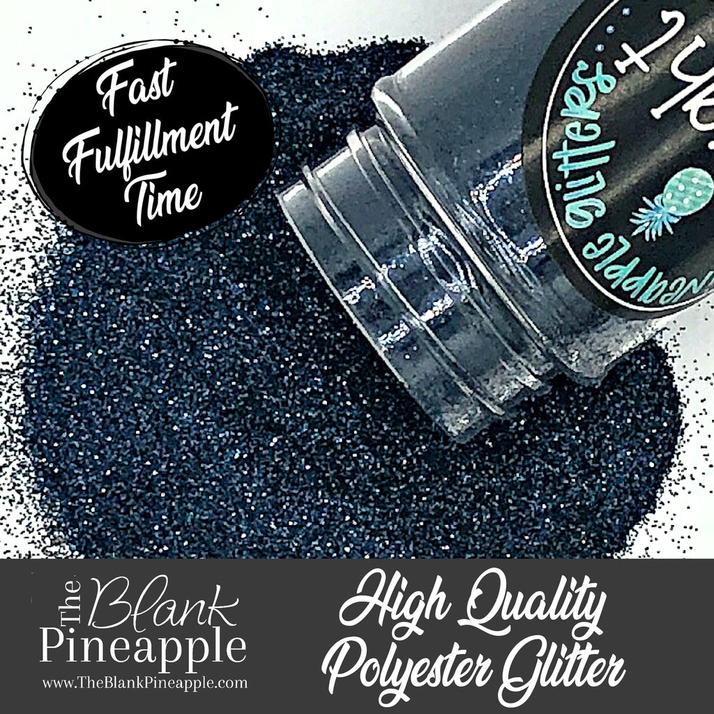 Midnight metallic navy blue glitter, PET polyester, 2oz shaker bottle for resin projects, tumblers, and nail art. The Blank Pineapple.