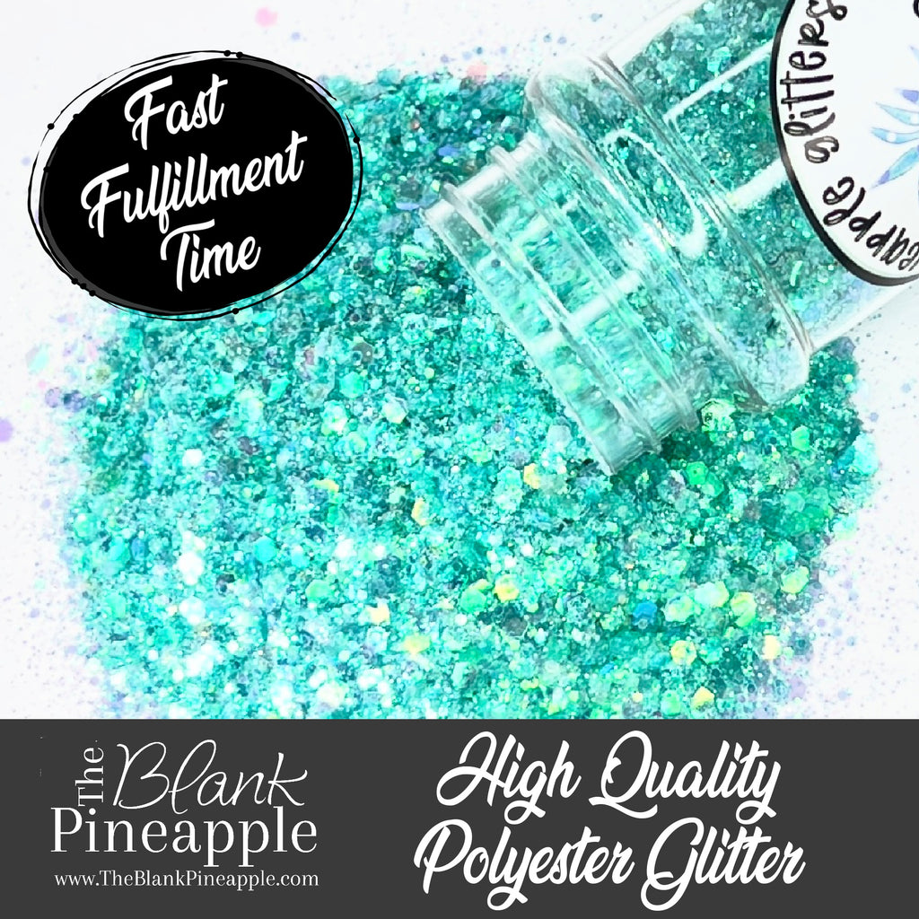 Minty Fresh chunky mix iridescent mint glitter, PET polyester, 2oz shaker bottle for resin projects, tumblers, and nail art. The Blank Pineapple.