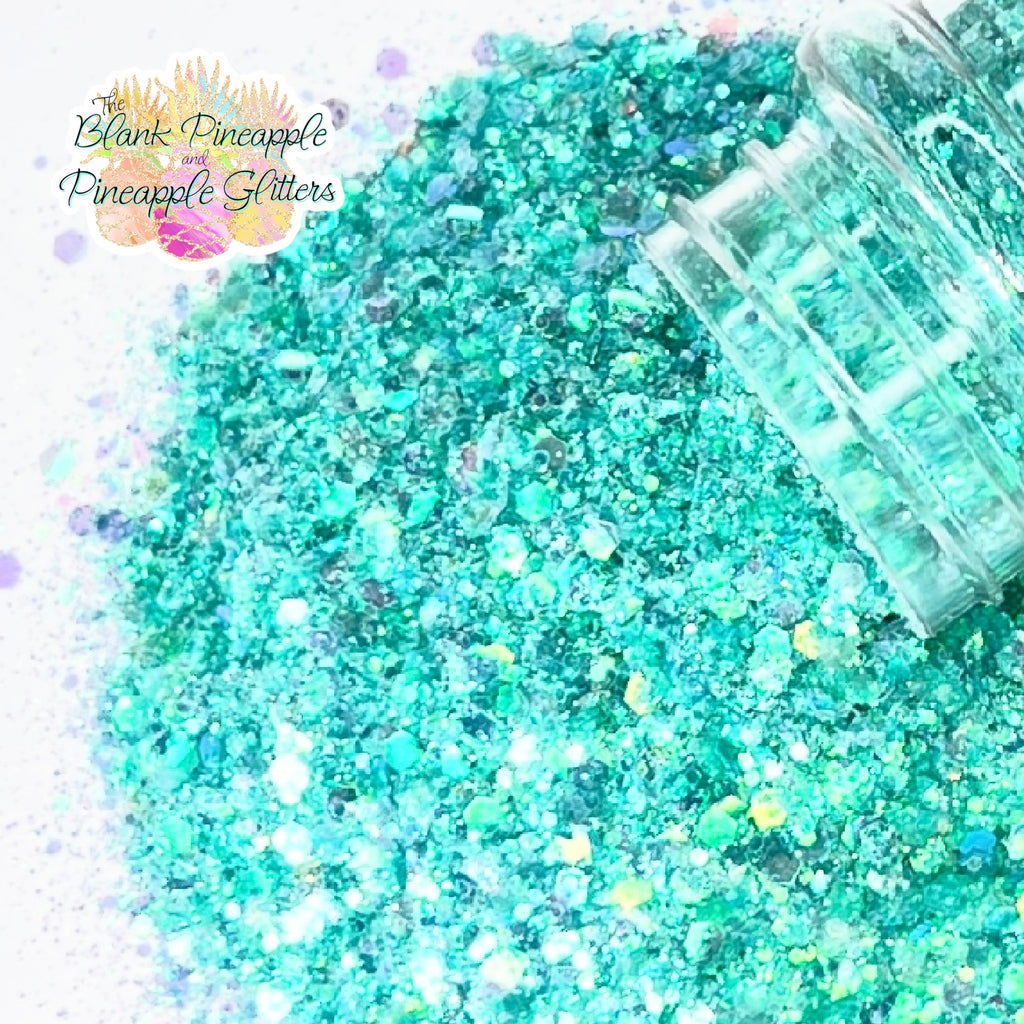 Minty Fresh chunky mix iridescent mint glitter, PET polyester, 2oz shaker bottle for resin projects, tumblers, and nail art. The Blank Pineapple.