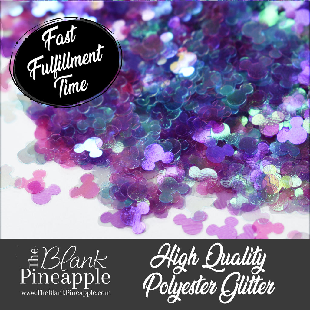 Iridescent mouse ears glitter in shades of blue, purple, and pink, 2oz bag (56g), 4mm polyester glitter for crafts and decor. - The Blank Pineapple