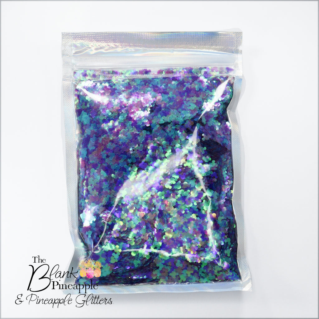 Iridescent mouse ears glitter in shades of blue, purple, and pink, 2oz bag (56g), 4mm polyester glitter for crafts and decor. - The Blank Pineapple