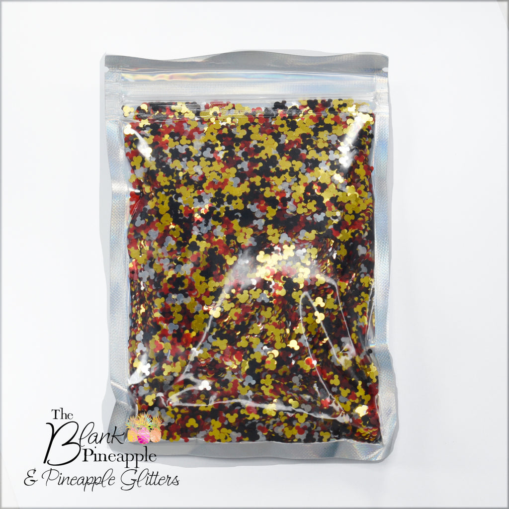 Classic mouse ears glitter in red, yellow, black, and silver, 2oz bag (56g), polyester glitter for crafts and decor. - The Blank Pineapple