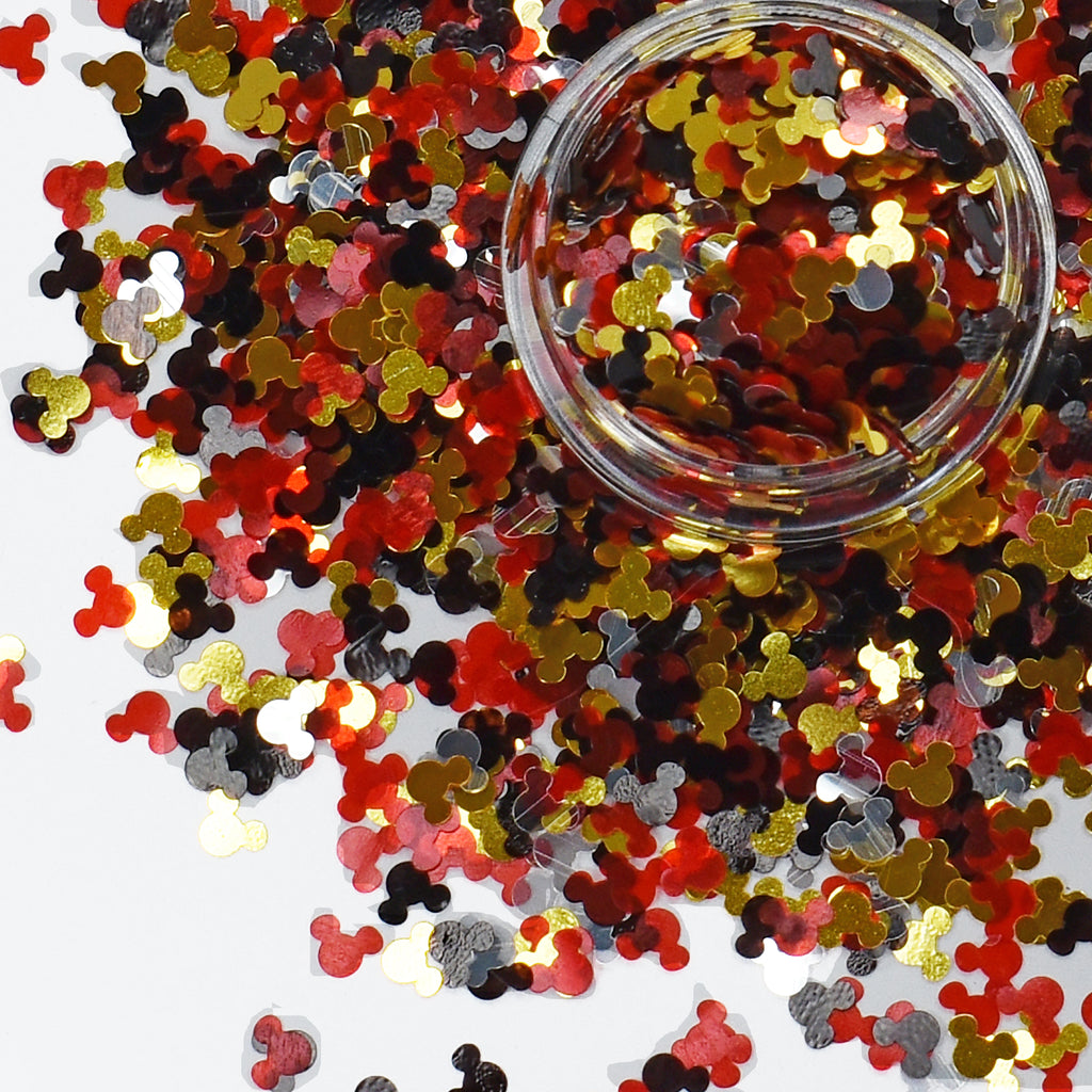 Classic mouse ears glitter in red, yellow, black, and silver, 2oz bag (56g), polyester glitter for crafts and decor. - The Blank Pineapple