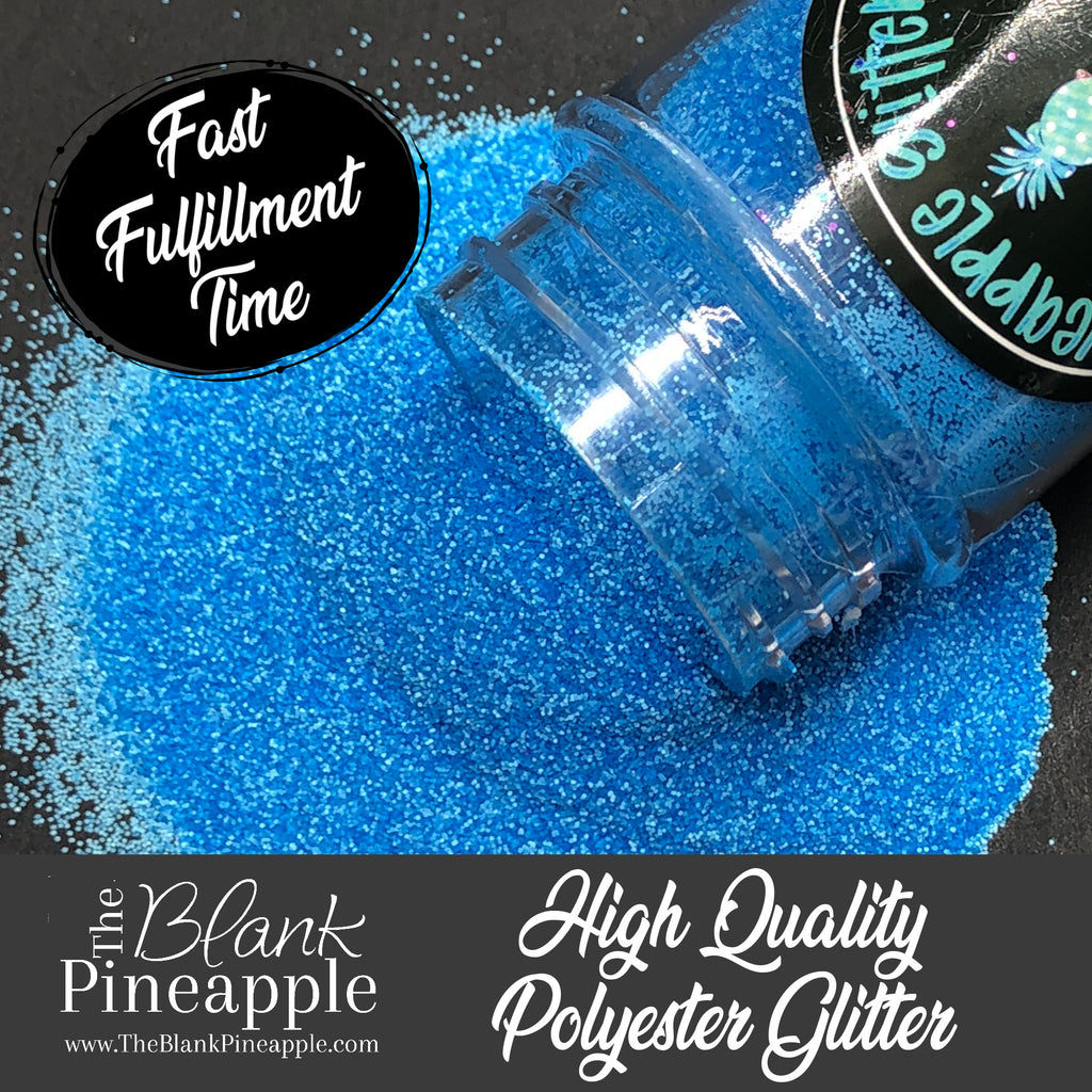 Neon Blue fine cut matte glitter, PET polyester, 2oz shaker bottle for resin projects, tumblers, and nail art. The Blank Pineapple