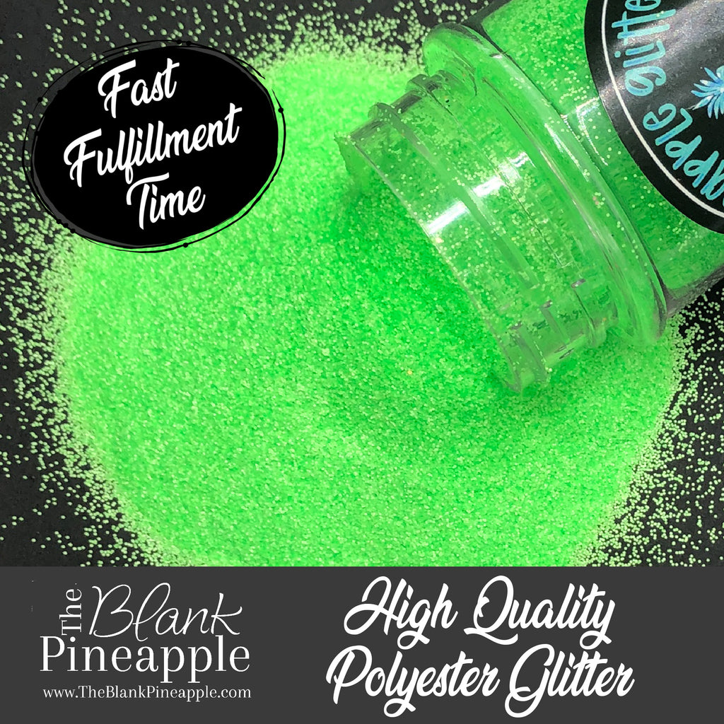 Neon Green fine cut matte glitter, PET polyester, 2oz shaker bottle for resin projects, tumblers, and nail art. The Blank Pineapple