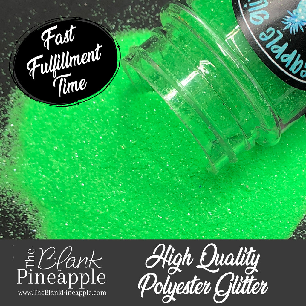 Neon Green fluorescent ultra fine cut glitter, PET polyester, 2oz shaker bottle for resin projects, tumblers, and UV-reactive crafts. The Blank Pineapple