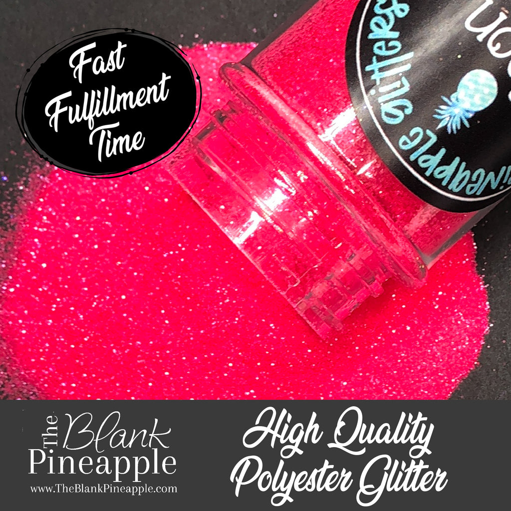 Neon Pink fluorescent ultra fine cut glitter, PET polyester, 2oz shaker bottle for resin projects, tumblers, and UV-reactive crafts. The Blank Pineapple