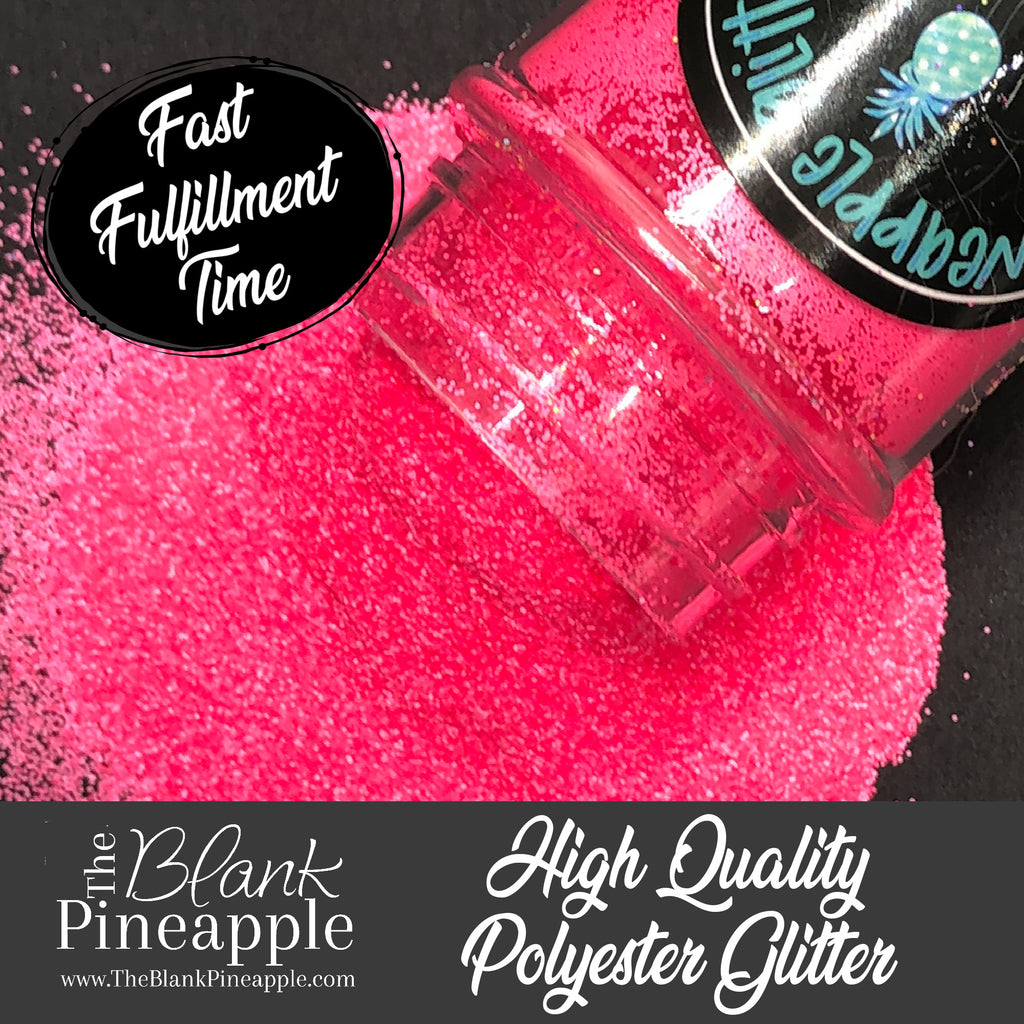 Neon Pink fine cut matte glitter, PET polyester, 2oz shaker bottle for resin projects, tumblers, and nail art. The Blank Pineapple