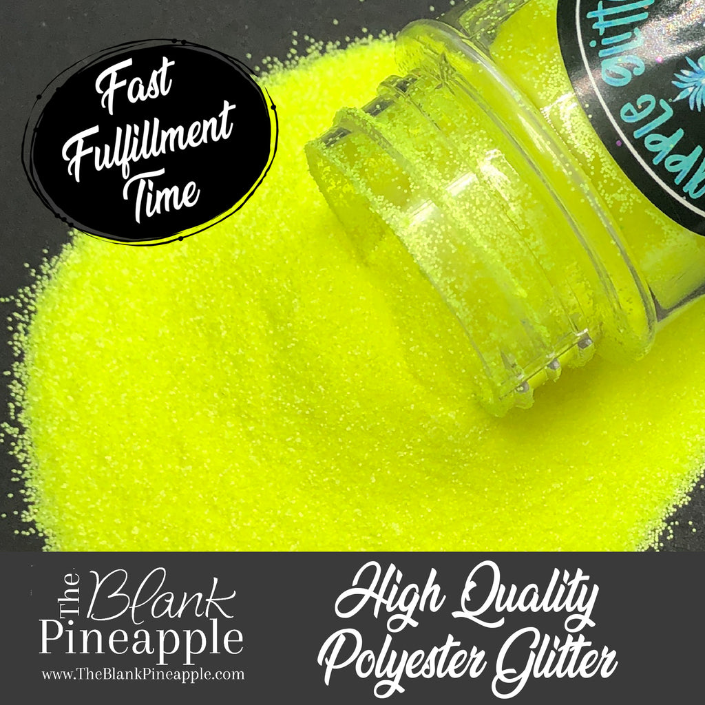 Neon Yellow fine cut matte glitter, PET polyester, 2oz shaker bottle for resin projects, tumblers, and nail art. The Blank Pineapple