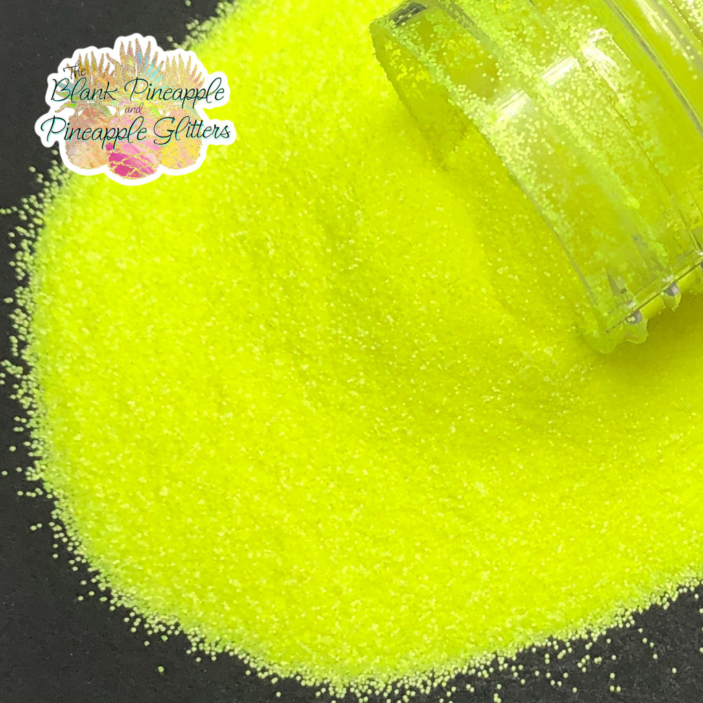 Neon Yellow fine cut matte glitter, PET polyester, 2oz shaker bottle for resin projects, tumblers, and nail art. The Blank Pineapple