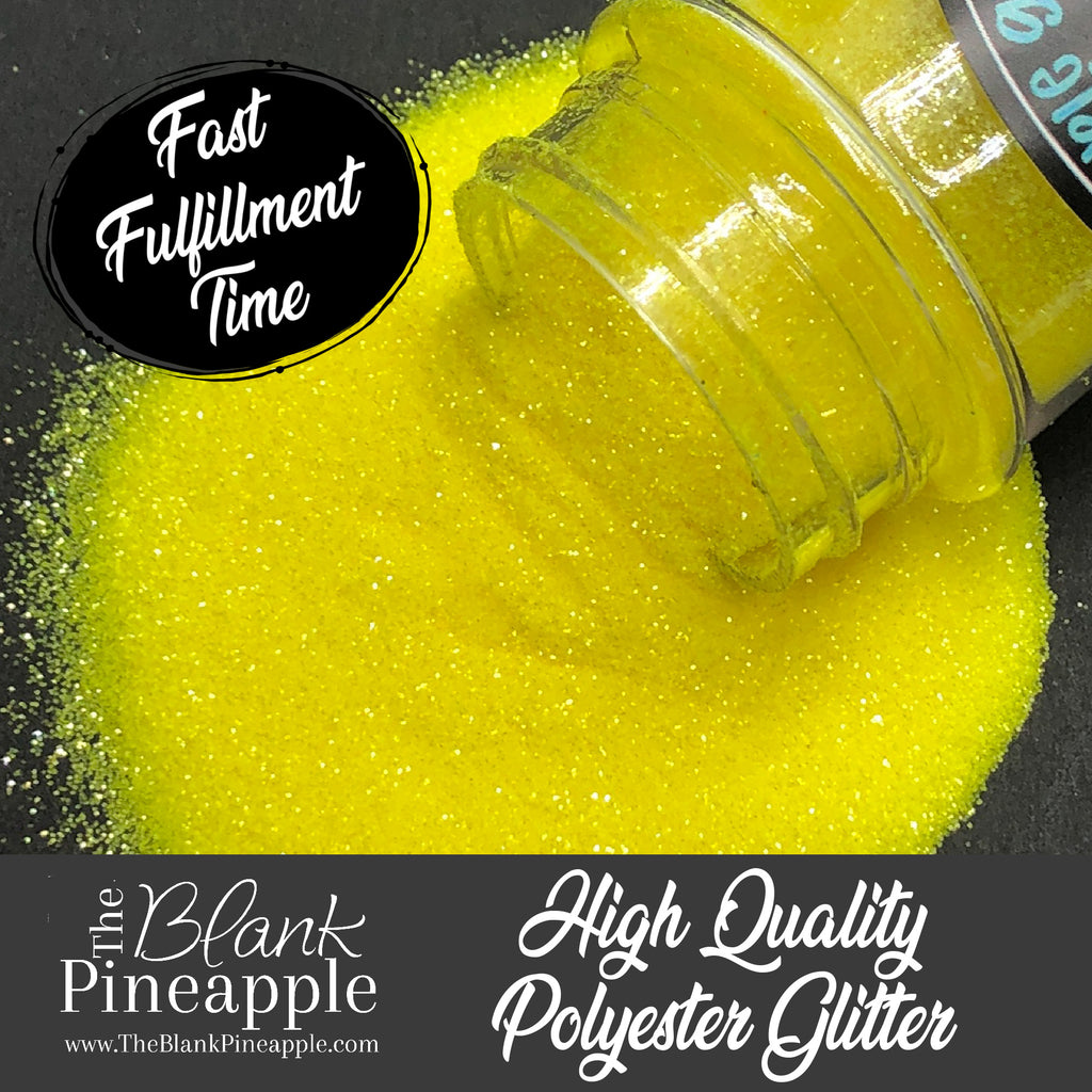 Neon Yellow fluorescent ultra fine cut glitter, PET polyester, 2oz shaker bottle for resin projects, tumblers, and UV-reactive crafts. The Blank Pineapple