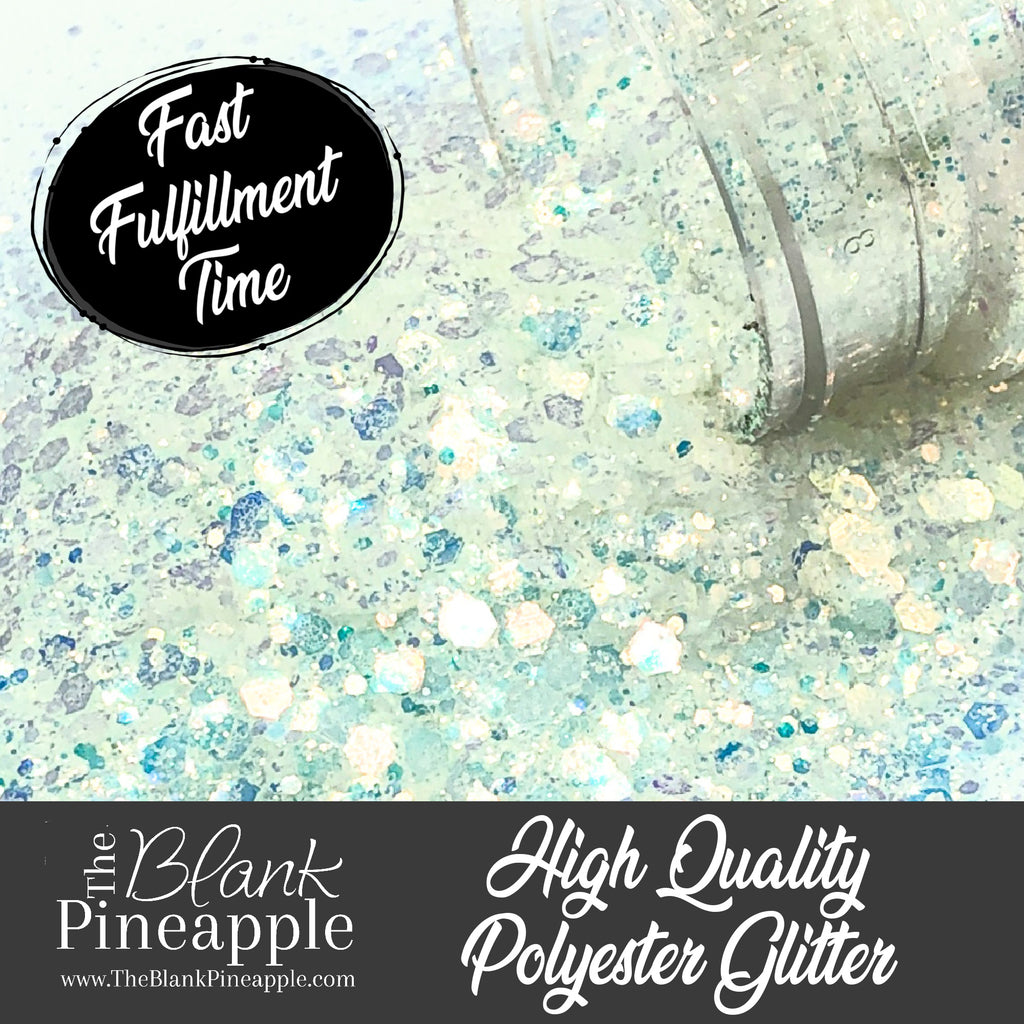 Ocean Ice chunky mix high sparkling opal iridescent glitter, opal white with blue undertones, 2oz shaker bottle for resin art, tumblers, and nail designs. The Blank Pineapple.