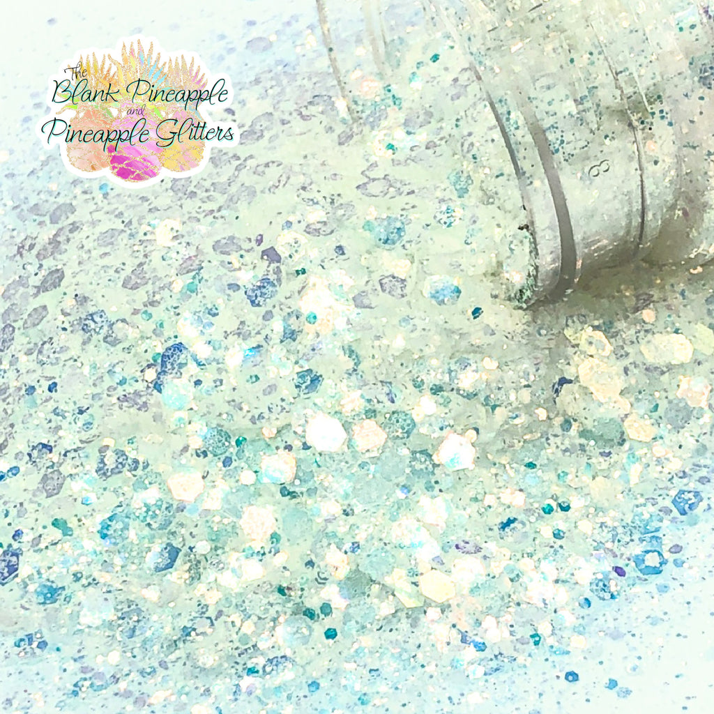 Ocean Ice chunky mix high sparkling opal iridescent glitter, opal white with blue undertones, 2oz shaker bottle for resin art, tumblers, and nail designs. The Blank Pineapple.