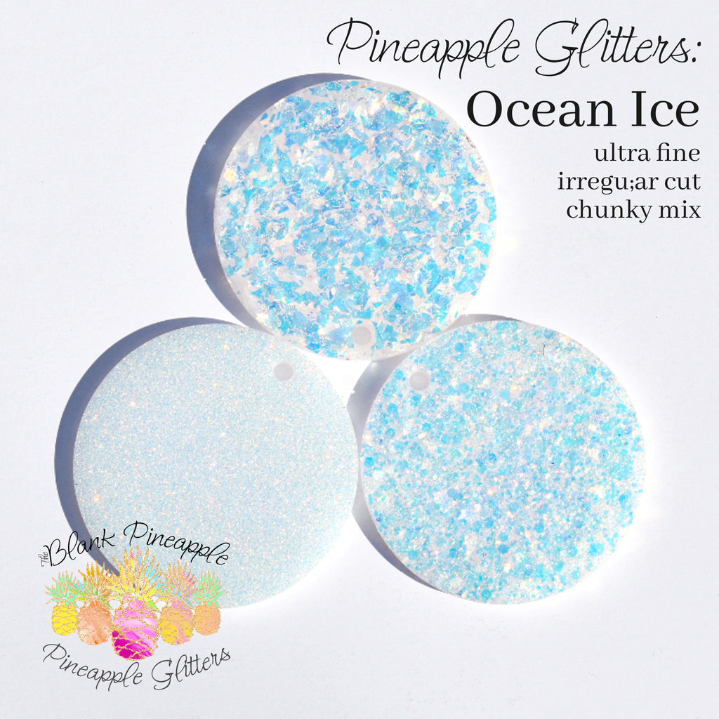 Ocean Ice high sparkling opal iridescent glitter, opal white with blue undertones, 2oz shaker bottle for resin art, tumblers, and nail designs. The Blank Pineapple.