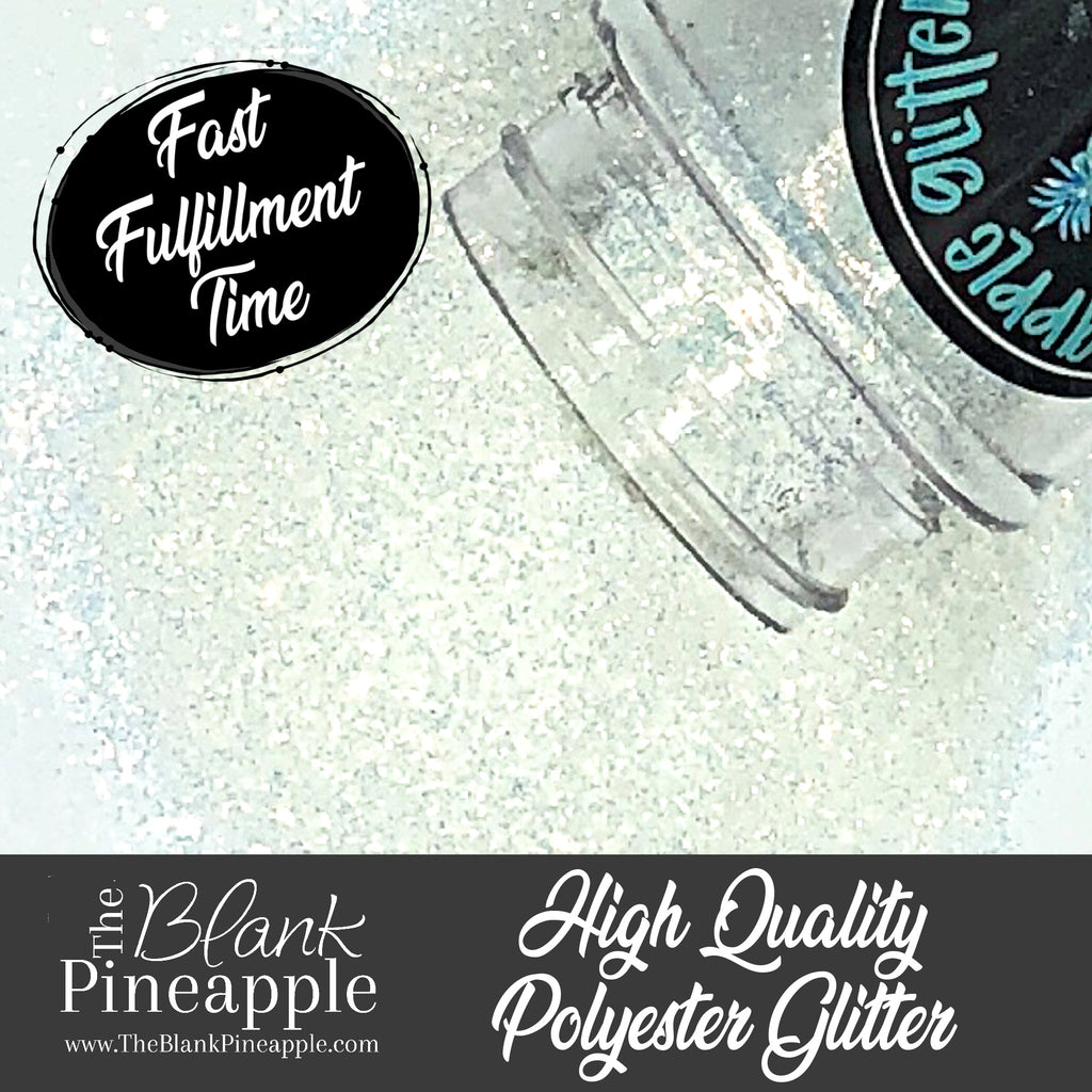 Ocean Ice high sparkling opal iridescent glitter, opal white with blue undertones, 2oz shaker bottle for resin art, tumblers, and nail designs. The Blank Pineapple