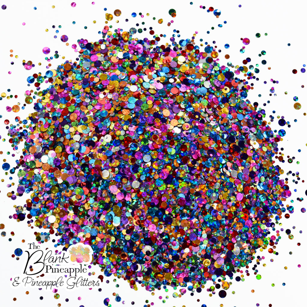 Party Time Mixed Dots Confetti Glitter PET Polyester 2oz. Shaker Bottle – Multi-Color Glitter Dots. The Blank Pineapple.