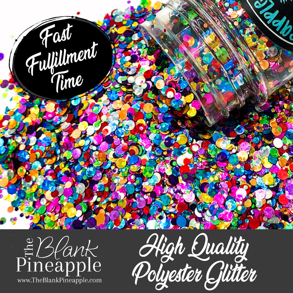 Party Time Mixed Dots Confetti Glitter PET Polyester 2oz. Shaker Bottle – Multi-Color Glitter Dots. The Blank Pineapple.

