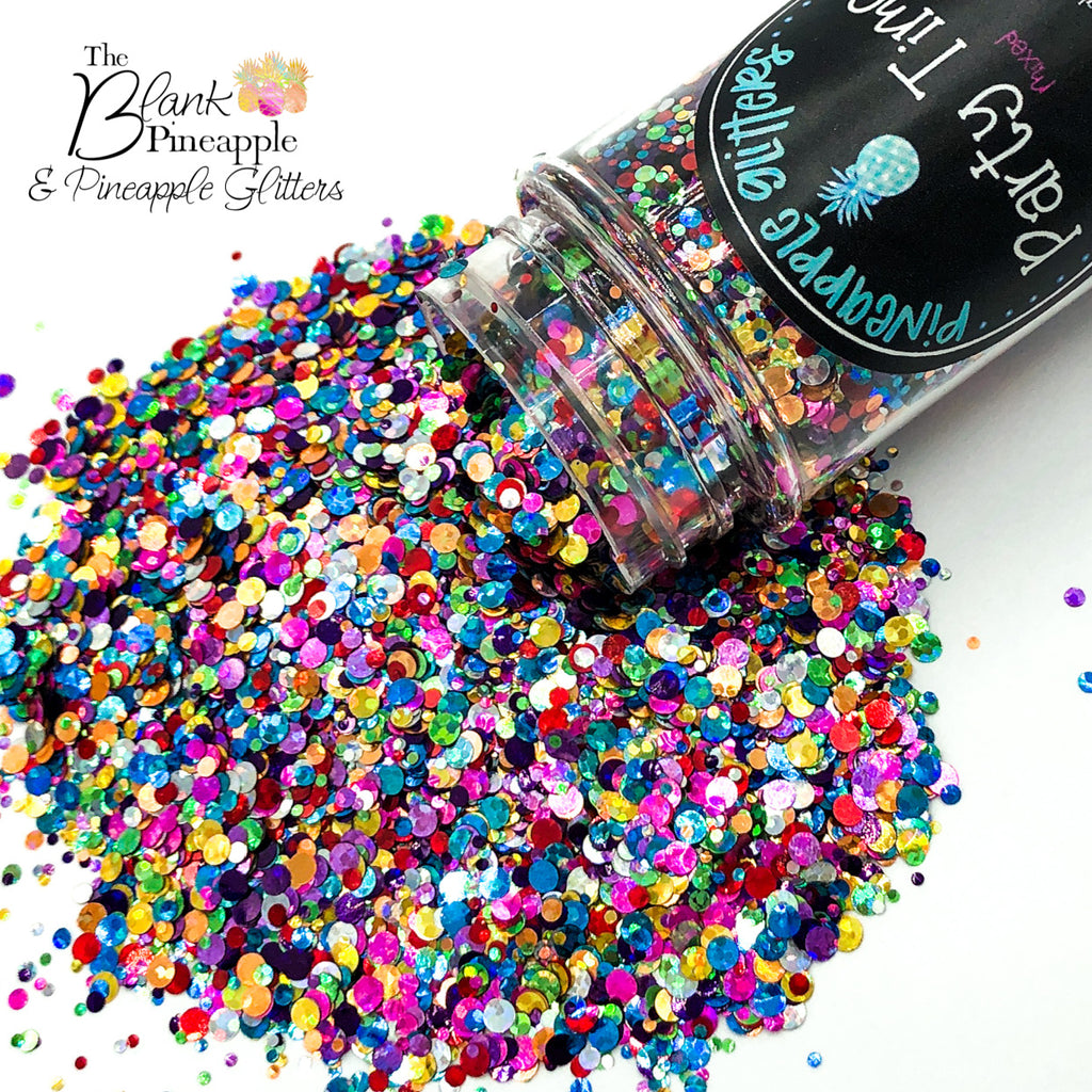 Party Time Mixed Dots Confetti Glitter PET Polyester 2oz. Shaker Bottle – Multi-Color Glitter Dots. The Blank Pineapple.