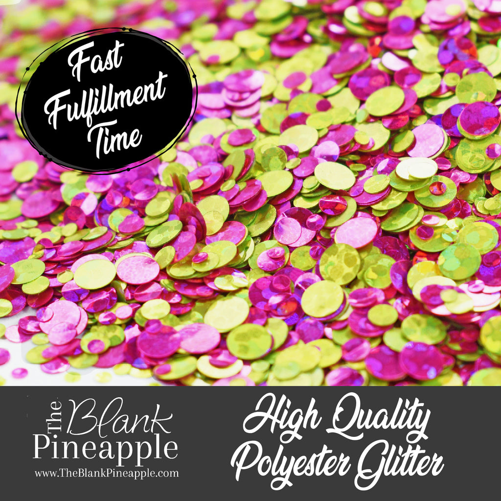 Preppy mixed dots confetti glitter in pink and green, 2oz shaker bottle (56g), perfect for crafts and decor. - The Blank Pineapple