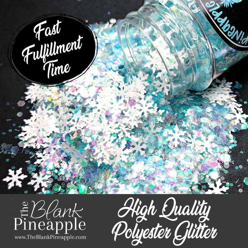 Pure Bliss Snowflakes Mixed Blue Iridescent Glitter with White Snowflakes, 2oz Shaker Bottle - The Blank Pineapple