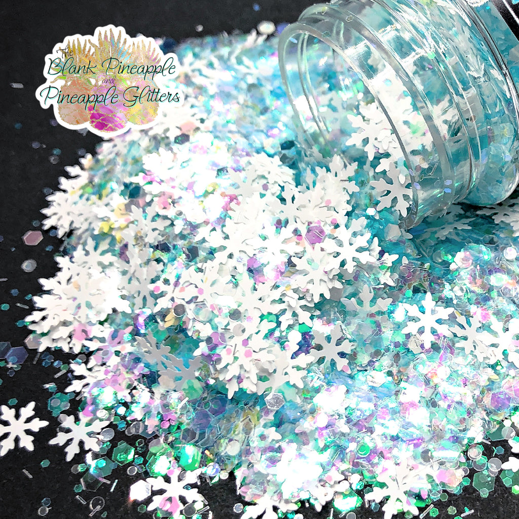 Pure Bliss Snowflakes Mixed Blue Iridescent Glitter with White Snowflakes, 2oz Shaker Bottle - The Blank Pineapple