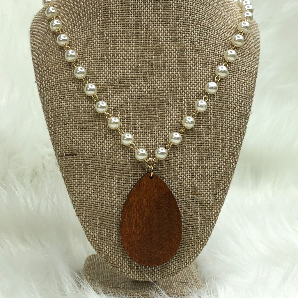 Wood Disc Necklace, Rosary Pearl necklace with Teardrop wood disc