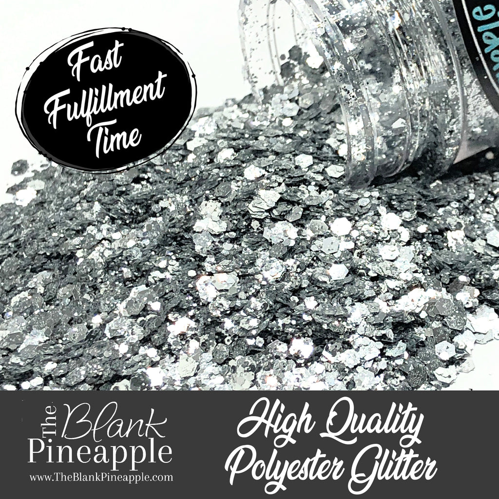 Silver Bullet Chunky Mix Metallic Glitter in 2oz Shaker Bottle - PET Polyester Silver Glitter for Crafting - The Blank Pineapple