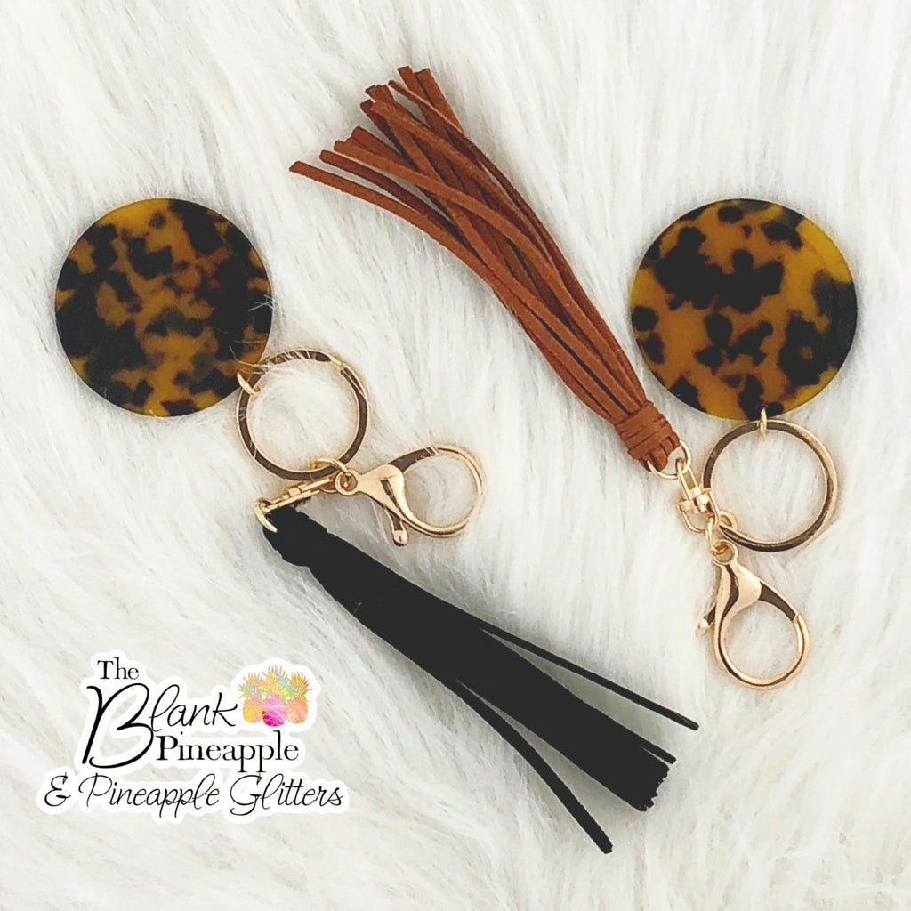 Acrylic Tortoise Disc Key Ring with Black or Brown 4" Tassel for Monogramming