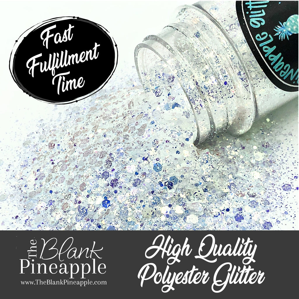 Unicorn Frost Chunky Mix Opal Iridescent Glitter, White with Blue & Purple Hues in a 2oz Shaker Bottle - The Blank Pineapple