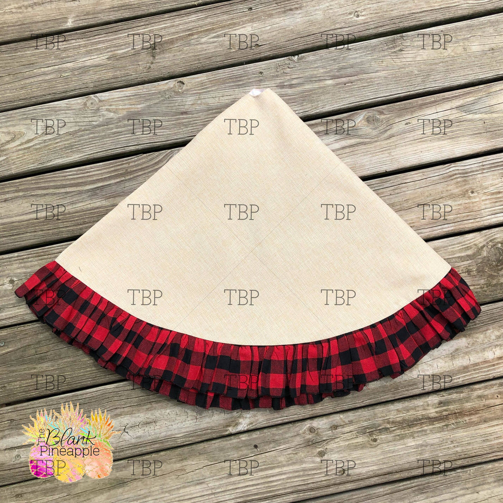 Polyester Linen Christmas Tree Skirt with Buffalo Plaid Ruffle. Blank Tree skirt for sublimation, DTF, DTG, Embroidery, and HTV. - The Blank Pineapple