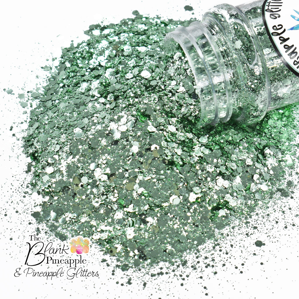 Pale Green Glitter, Celery Salt Chunky Mix Metallic Glitter PET Polyester 2oz Shaker Bottle, Green Glitter