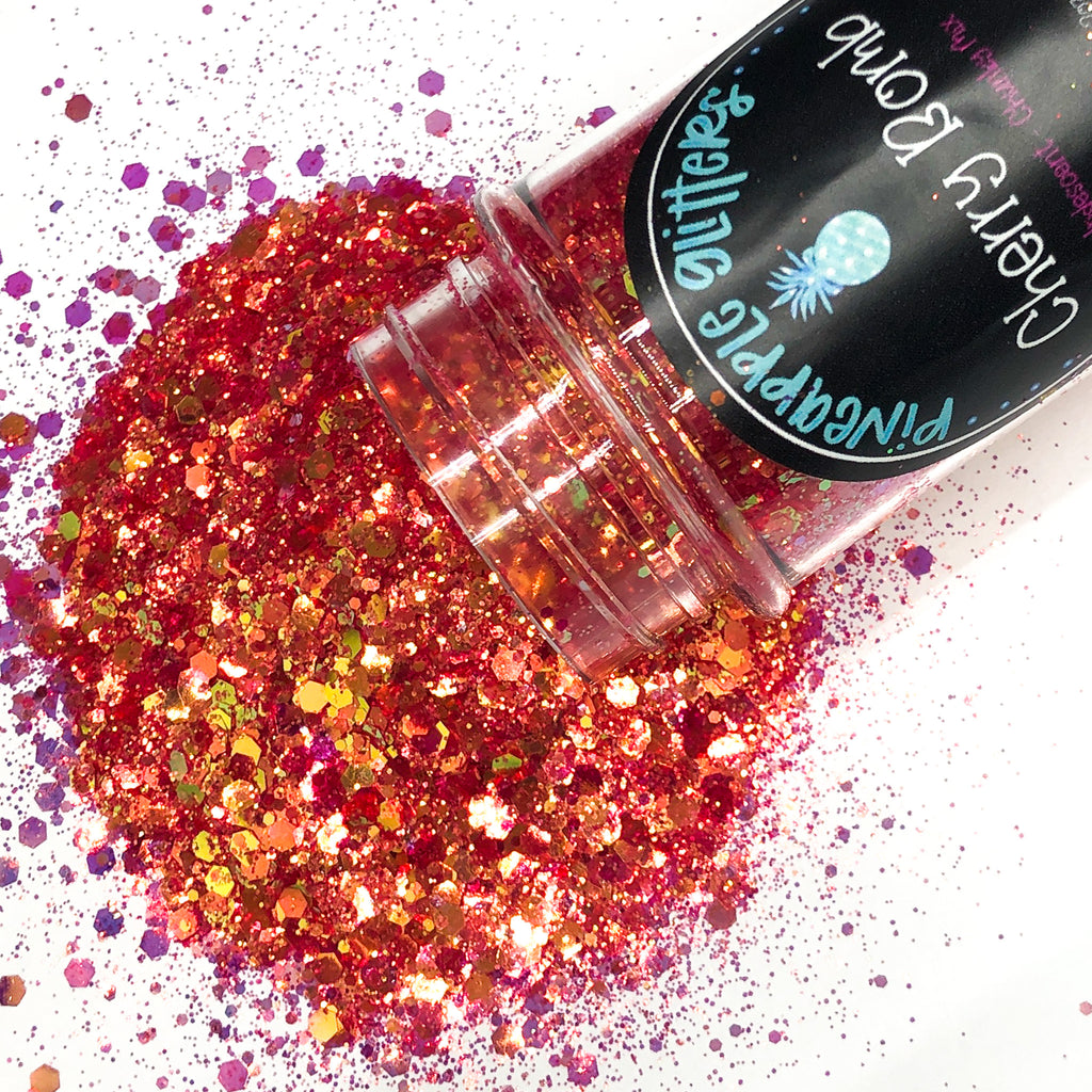 Cherry Bomb Red Iridescent Glitter in Chunky Mix cut. Perfect for adding a smooth, shimmering finish to crafts, nails, or resin projects. Pineapple Glitters, The Blank Pineapple. 