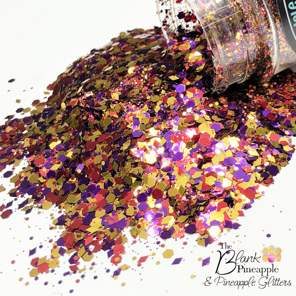 Circus mixed glitter, PET polyester, purple, yellow, and red in a 2oz shaker bottle, perfect for crafts and party decorations.