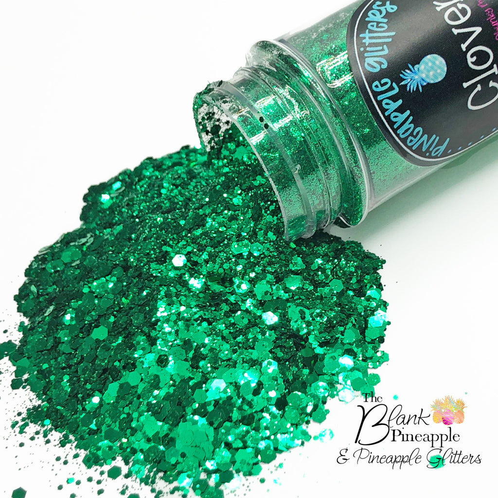 Clover green chunky mix metallic glitter, PET polyester, 2oz shaker bottle for crafts and resin projects. Pineapple Glitter, The Blank Pineapple