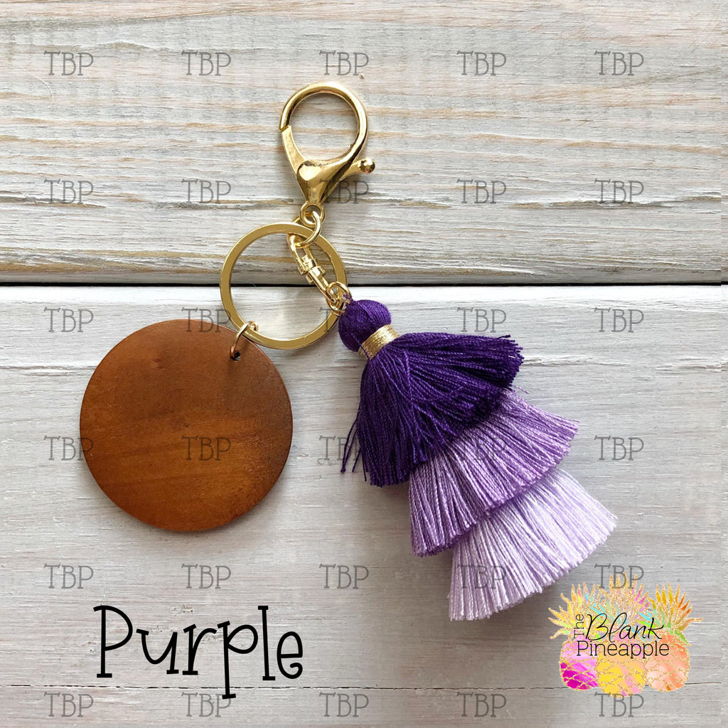 Tassel Key Ring with wood disc for monogramming, Ombre Cotton Tassel