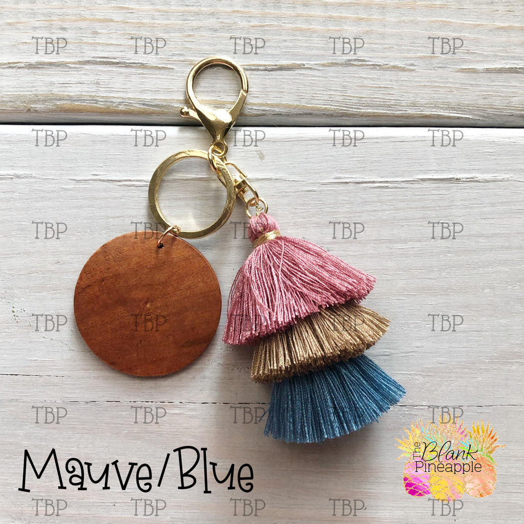 Tassel Key Ring with wood disc for monogramming, Ombre Cotton Tassel