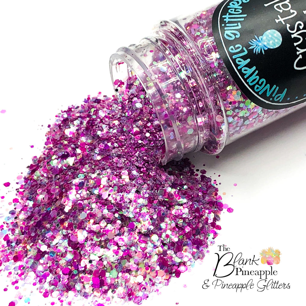 Crystal Pink iridescent mixed glitter in a 2oz shaker bottle, perfect for crafts, resin projects, and nail art. The Blank Pineapple