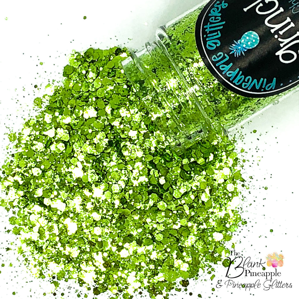 Greench chunky mix metallic lime green glitter, PET polyester, 2oz shaker bottle for resin projects, tumblers, and nail art. The Blank Pineapple.