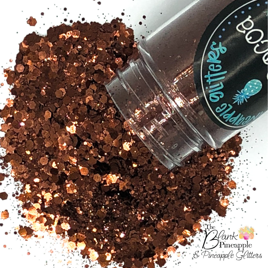 Hot Cocoa chunky mix metallic brown glitter, PET polyester, 2oz shaker bottle for resin projects, tumblers, and nail art. The Blank Pineapple.