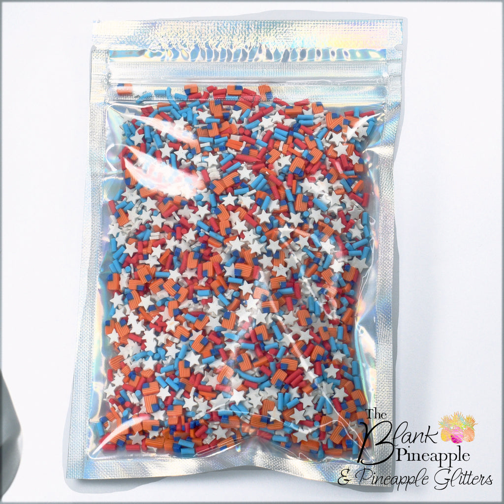 Fimo Shapes, Independence Polymer Clay Pieces 2oz Resealable Bag (56 grams), July 4th Clay Shapes, US Flag Clay Shapes, USA Sprinkles