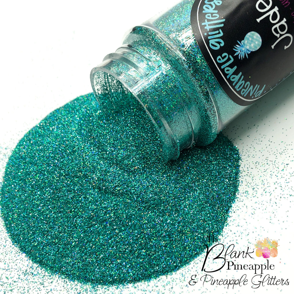 Jade green ultra fine cut holographic glitter, PET polyester, 2oz shaker bottle for crafts, resin projects, and nails. The Blank Pineapple