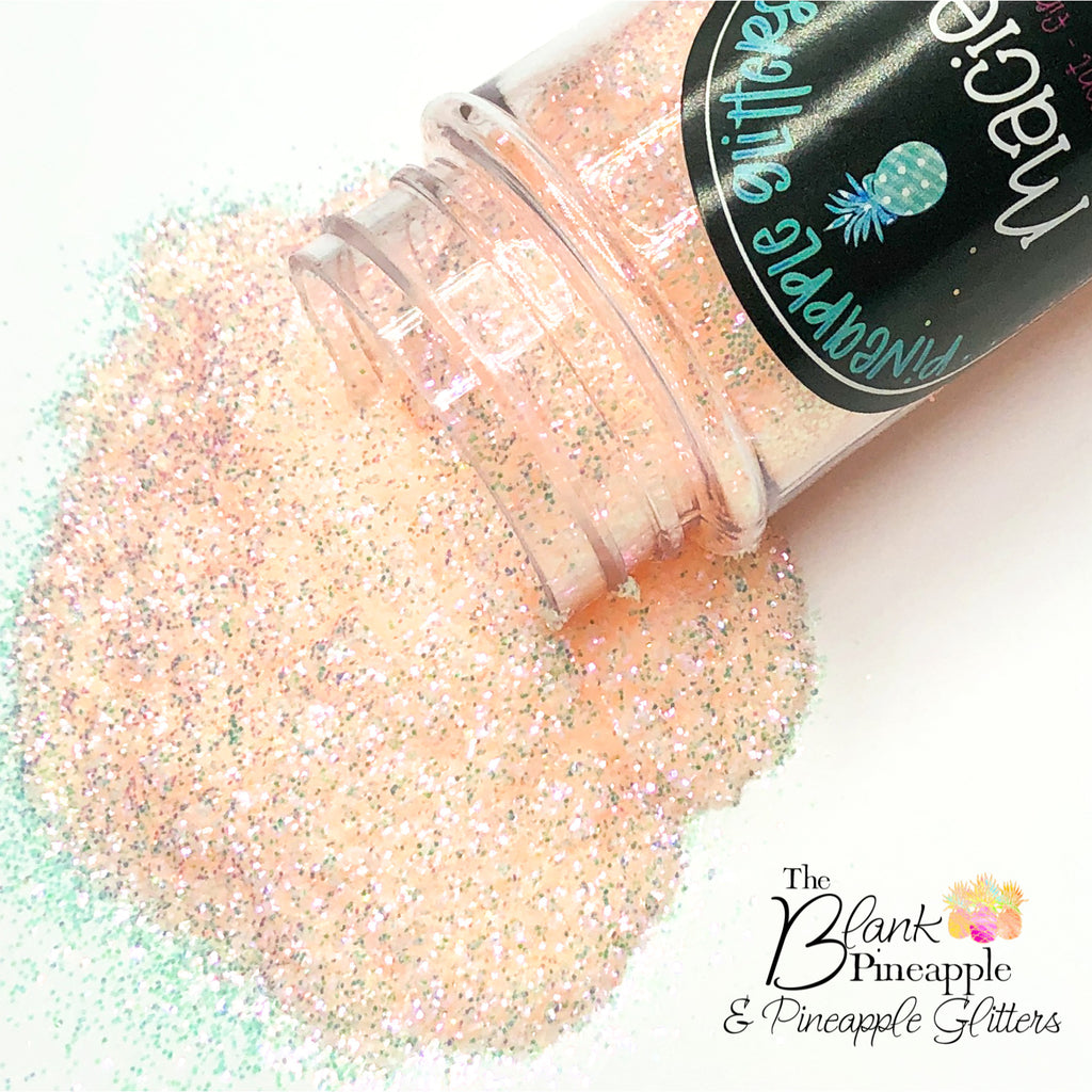 Macie fine cut high sparkling iridescent glitter, peach with hints of green, PET polyester, 2oz shaker bottle for resin projects, tumblers, and nail art. The Blank Pineapple